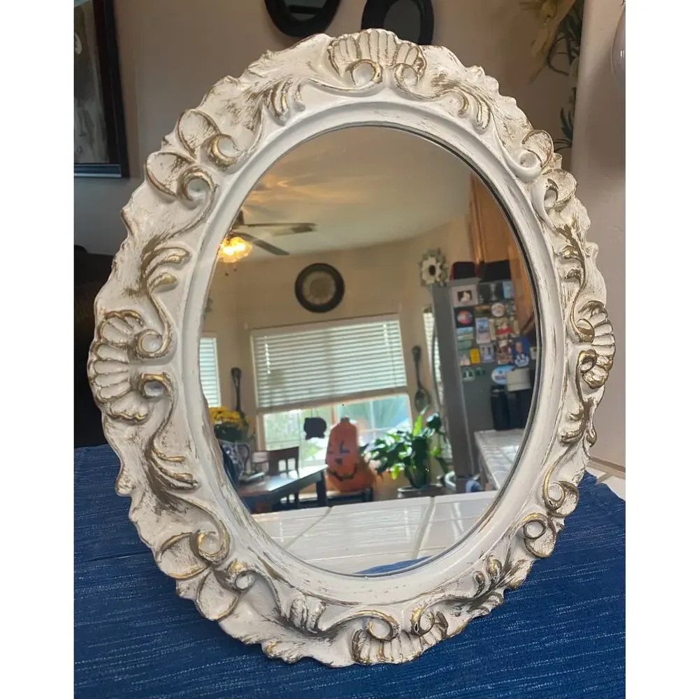 VTG Ornate Gold White Oval Wall Mirror Baroque Rococo Florentine Royal Academie